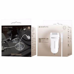 Borofone BZ2 Joyroad car charger with 2 USB-A ports, 12 W, with Lightning cable, white