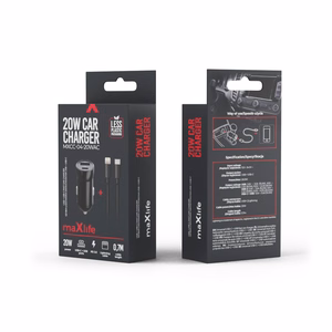 "Maxlife MXCC-04 PD QC automobilinis įkroviklis 1x USB-C 1x USB 20W juodas + USB-C - Lightning kabelis 27W