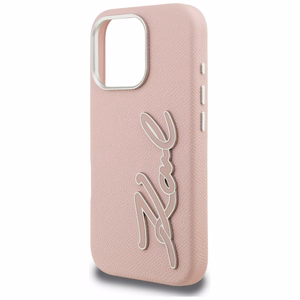 Karl Lagerfeld FW Grained Signature Logo Dėklas iPhone 16 Pro Max - rožinis