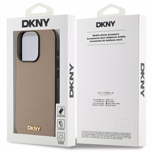 DKNY Grained Metal Logo Magnetinis iPhone 15 Pro dėklas - smėlio spalvos