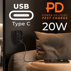 Maclean MCE249 F/B – mains socket splitter, 2 sockets, 4 USB ports: 2×USB-A and 2×USB-C PD 20 W, 1×16 A + 1×6 A