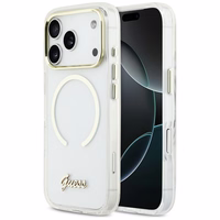 Guess IML Script Metal MagSafe Dėklas for iPhone 17 Pro - Clear