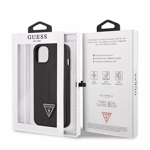 Guess GUHCP13SPSATLK iPhone 13 mini 5.4 dėklas telefonui, juodas, kietas, Saffiano trikampio logotipu