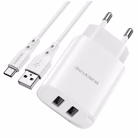 Borofone Sieninis įkroviklis BN2 Super - 2xUSB - 2,1A su USB į Type C baltas
