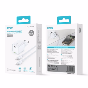 BWOO GaN PD 30W wall įkroviklis 1x USB-C port with 60W laidas USB-C 2A baltas