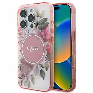 Guess IML Gėlių ir Tonalinių Ratų Magnetinis dėklas iPhone 16 Pro Max - rožinis
