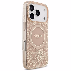 Guess IML Flowers Electro Pearl Strap MagSafe dėklas telefonui iPhone 17 Pro - rožinis