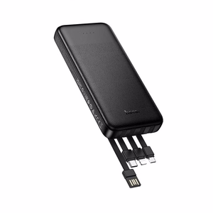 Išorinė baterija Hoco 10000 mAh 2A su keturiais integruotais laidais USB A + USB C + Lightning + Micro USB J163 juoda