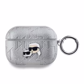 Karl Lagerfeld PU Embossed Karl and Choupette Heads dėklas AirPods Pro sidabrinis