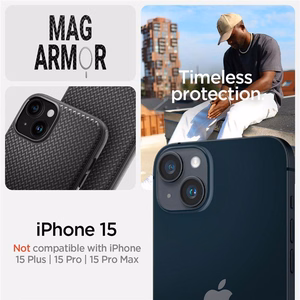 Spigen Mag Armor MagSafe dėklas iPhone 15 telefonui - matinės juodos spalvos