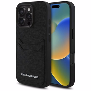 Karl Lagerfeld HC Grūdinto PU dėklas su kortelių skyriumi ir metaliniu Elong iPhone 16 Pro - juodas