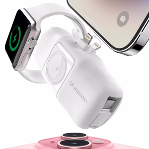 Wozinsky WF16-YLS 5000mAh 15W Lightning mini išorinė baterija su įmontuotu USB-C kabeliu ir Apple Watch įkrovikliu - balta