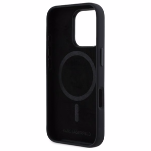 Karl Lagerfeld Silicone Shadow Metal Initial Magnetinis iPhone 16 Pro dėklas - juodas