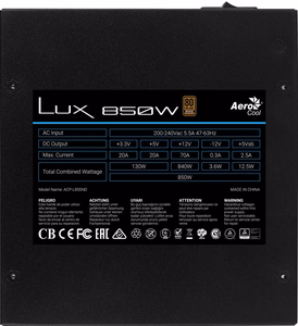 Aerocool LUX850 PC maitinimo blokas 850W 80 Plus Bronze 230V 88% efektyvumas juodas