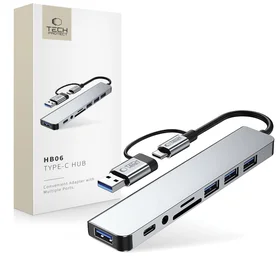 "Tech-Protect" HB06 HUB adapteris 8in1 TYPE-C + USB2.0 + USB3.0 + SD/TF + AV3.5 - pilkos spalvos