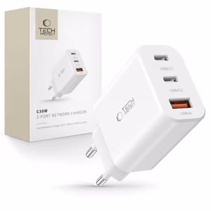 "Tech-Protect NC30W" įkroviklis 2x USB-C PD 30W / USB-A QC 3.0 - baltas