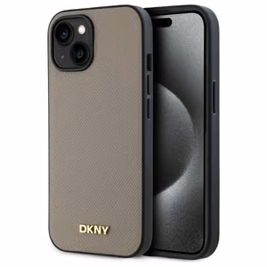 DKNY Grained Metal Logo Magnetinis iPhone 15 dėklas - smėlio spalvos