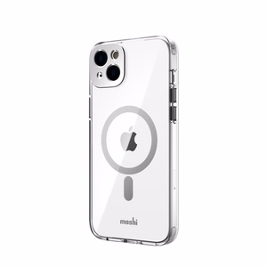 Moshi iGlaze dėklas, skirtas iPhone 14 Plus, suderinamas su MagSafe, skaidrus su „Luna Silver“ spalvos detalėmis