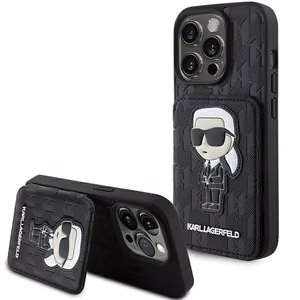 Karl Lagerfeld Saffiano kortelių lizdai ir stovas monograma Ikonik pleistras dėklas iPhone 15 Pro - juoda