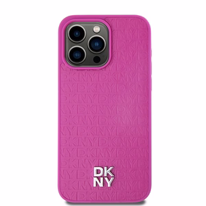 DKNY Odinis monogramos rašto metalinis logotipas Magnetinis dėklas telefonui iPhone 15 Pro Max - rožinis