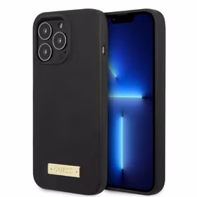 Guess GUHMP13LSPLK iPhone 13 Pro / 13 6.1" juodas/juodas kietas dėklas Silikoninis Logo Plate Magnetinis