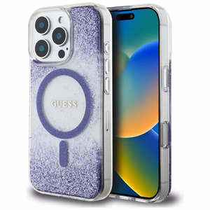Guess HC dervos dugno blizgus magnetinis dėklas iPhone 16 Pro Max - violetinis