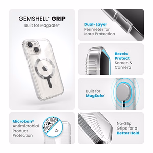 Speck GemShell Grip MagSafe dėklas, skirtas iPhone 17e / 16e / 15 / 14 / 13, skaidrus, chromo apdaila