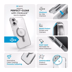 Speck Presidio Perfect-Clear dėklas su MagSafe ir ClickLock, skirtas iPhone 16 Plus, „Clear/Chrome“