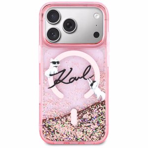Karl Lagerfeld Liquid Glitter Karl Script Logo MagSafe Dėklas for iPhone 17 Pro Max - rožinis