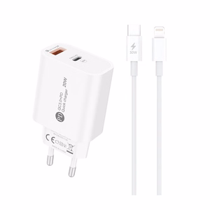 A6MaxL 20W USB-A USB-C sieninis įkroviklis su 1m USB-C - Lightning kabeliu – baltas