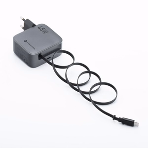 FORCELL F-ENERGY GaN III VT-R5 kelioninis įkroviklis su ištraukiamu kabeliu Type C ir Type C įkrovimo prievadu PD QC4.0 3A 45W pilkas