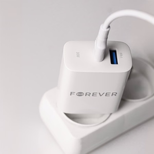 Forever TC-07-30AC PD QC įkroviklis 1x USB-C 1x USB 30W baltas + USB-C - USB-C laidas 60W
