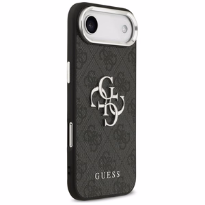 GUESS dėklas telefonui IPHONE 17 Air GUHCP17MP4G4SMCK (4G PU odos dėklas su dideliu 4G ir klasikiniu logotipu bei sidabriniu metaliniu kameros rėmeliu) juodas