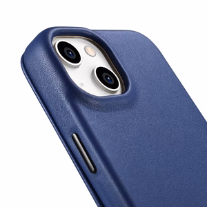 iCarer CE Premium odinis folio dėklas iPhone 14 Plus magnetinis atverčiamas odinis folio dėklas MagSafe mėlyna