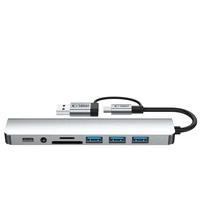 "Tech-Protect" HB06 HUB adapteris 8in1 TYPE-C + USB2.0 + USB3.0 + SD/TF + AV3.5 - pilkos spalvos