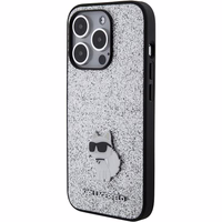Karl Lagerfeld Fixed Glitter Choupette Logo Metal Pin Dėklas telefonui iPhone 15 Pro Max - sidabrinis
