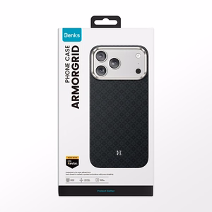 Juodas „Benks Magnetic Armor Air Armor Grid 600D“ kevlaro dėklas su metaliniu rėmeliu (C.K.FL.AP.BK.0072), skirtas iPhone 18 Pro / iPhone 17 Pro