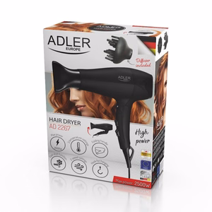 Adler AD 2267 – 2100 W plaukų džiovintuvas su 3 temperatūros lygiais ir difuzoriumi, juodas