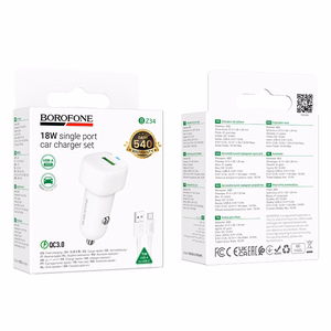 "Borofone" automobilinis įkroviklis BZ34 Cloud - USB - QC 3.0 18W su C tipo USB kabeliu, baltos spalvos