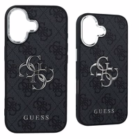 GUESS dėklas telefonui IPHONE 17 GUHCP17SP4G4SMCK (4G PU odos dėklas su dideliu 4G ir klasikiniu logotipu bei sidabriniu metaliniu kameros rėmeliu) juodas