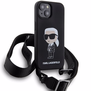 Karl Lagerfeld KLHCP15SSCBSKNK iPhone 15 6.1" kietas dėklas juodas/juodas Crossbody Silikoninis Ikonik