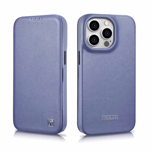 iCarer CE Premium odinis folio dėklas iPhone 14 Pro Max magnetinis atverčiamas odinis folio dėklas MagSafe šviesiai violetinė