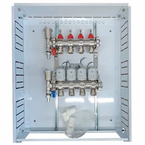 Grindinio šildymo kolektorius 4 kontūrų su terminėmis pavaromis NC AC230V ir debitomačiais