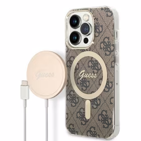 Rinkinys Guess GUBPP14LH4EACSW dėklas + įkroviklis iPhone 14 Pro 6.1" rudas/rudas kietas dėklas 4G Print Magnetinis
