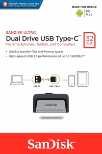 Sandisk Ultra Dual Drive USB Type-C USB atmintukas 32 GB USB Type-A / USB Type-C 3.2 Gen 1 (3.1 Gen 1) Juoda, Sidabras