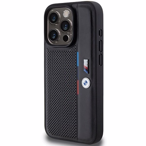 BMW perforuotas trispalvės linijos dėklas telefonui iPhone 15 Pro - juodas
