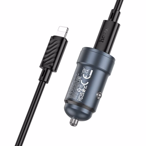 Automobilinis įkroviklis Hoco USB C QC3.0 PD 30W + kabelis USB C į Lightning Z57 metalinis pilkas