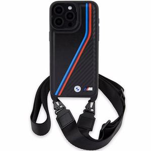 BMW M Edition anglies trispalvės linijos ir dirželis dėklas telefonui iPhone 15 Pro - juodas