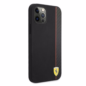 Ferrari FESAXHCP12LBK iPhone 12 Pro Max 6.7" juodas/juodas kietas dėklas On Track Carbon Stripe