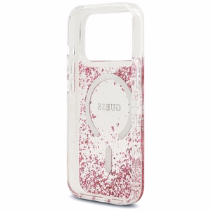 Guess Dervos dugno blizgus magnetinis dėklas iPhone 17 Pro - rožinis